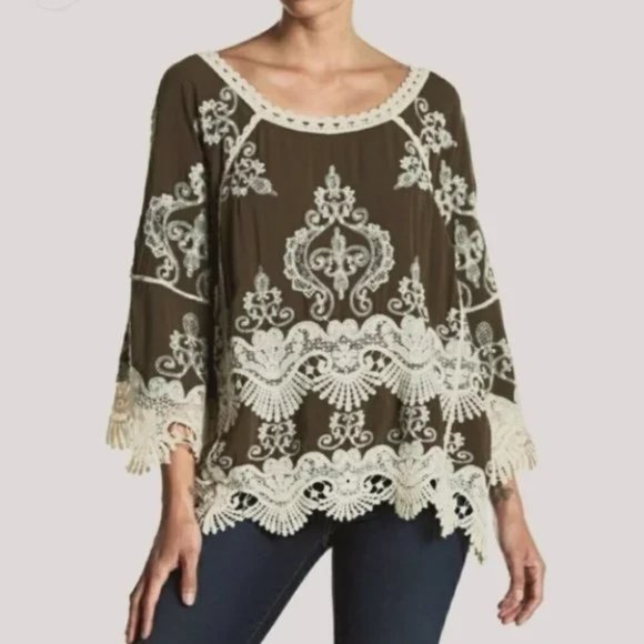 Democracy Tops Democracy Olive Embroidered Crochet Lace Boho Top